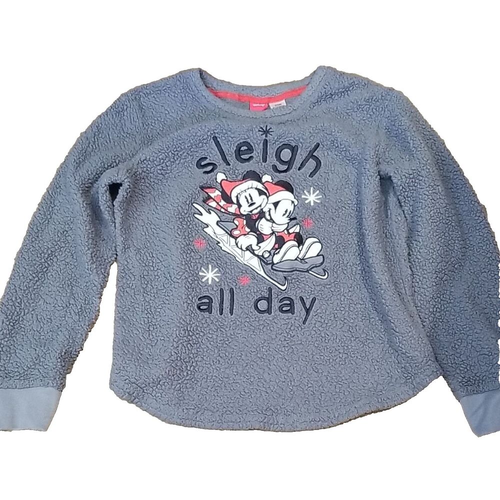 Disney Girls Mickey Minnie Mouse Sleigh All Day Gray Sherpa Holiday Sweater 14